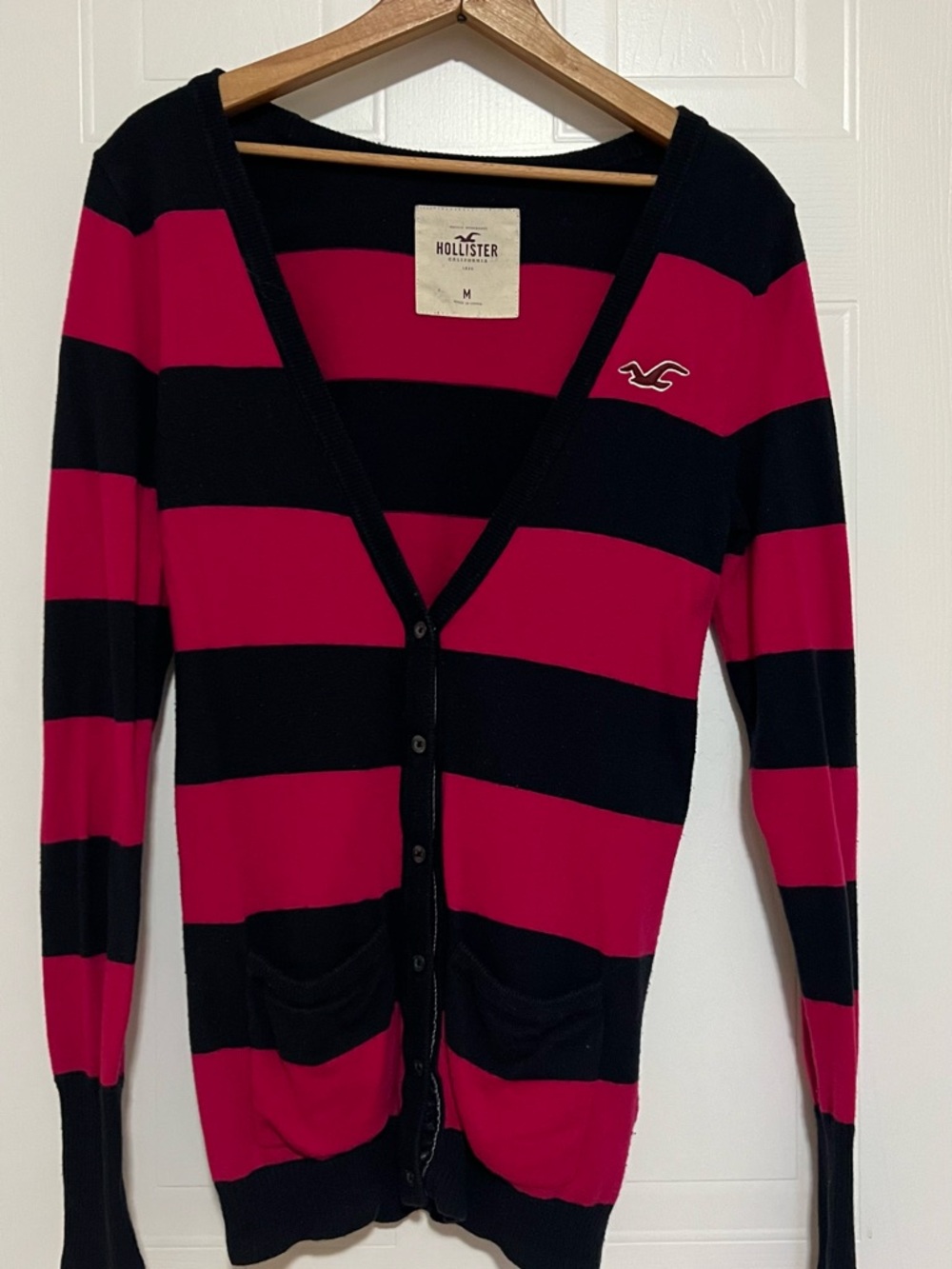 Hollister Black & Fuchsia Wide-Striped Button Cardigan